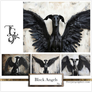 Black greyhound with angel wings, symbolizing elegance and mystery.