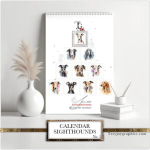 Captivating TJG calendar for the upcoming year, showcasing a wide array of greyhounds, from the Italian Greyhound to the Irish Wolfhound, a new portrait for each month.