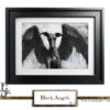 Black greyhound with angel wings, symbolizing elegance and mystery.