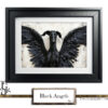 Black greyhound with angel wings, symbolizing elegance and mystery.