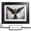 Black greyhound with angel wings, symbolizing elegance and mystery.
