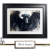 Black greyhound with angel wings, symbolizing elegance and mystery.