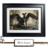 Black greyhound with angel wings, symbolizing elegance and mystery.
