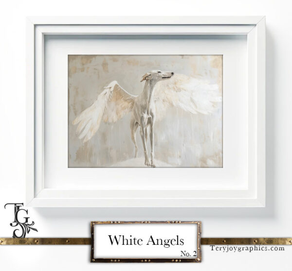 The irresistible image of a white greyhound angel, majestic gaze, and white wings, by Tery Joy Graphics.