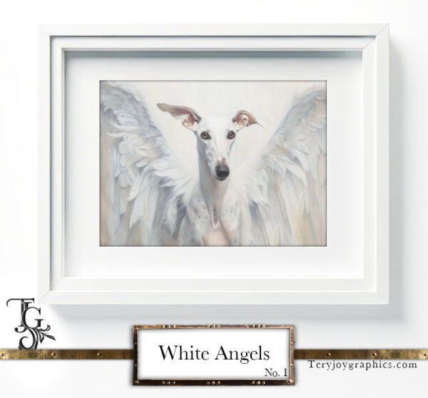 The irresistible image of a white greyhound angel, majestic gaze, and white wings, by Tery Joy Graphics.