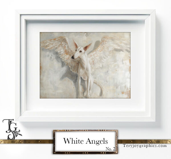 The irresistible image of a white greyhound angel, majestic gaze, and white wings, by Tery Joy Graphics.