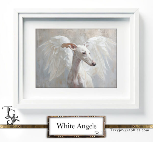 The irresistible image of a white greyhound angel, majestic gaze, and white wings, by Tery Joy Graphics.