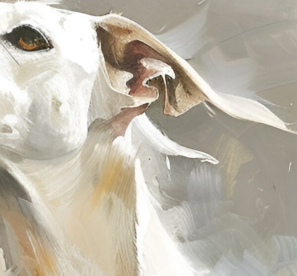 The irresistible image of a white greyhound angel, majestic gaze, and white wings, by Tery Joy Graphics.