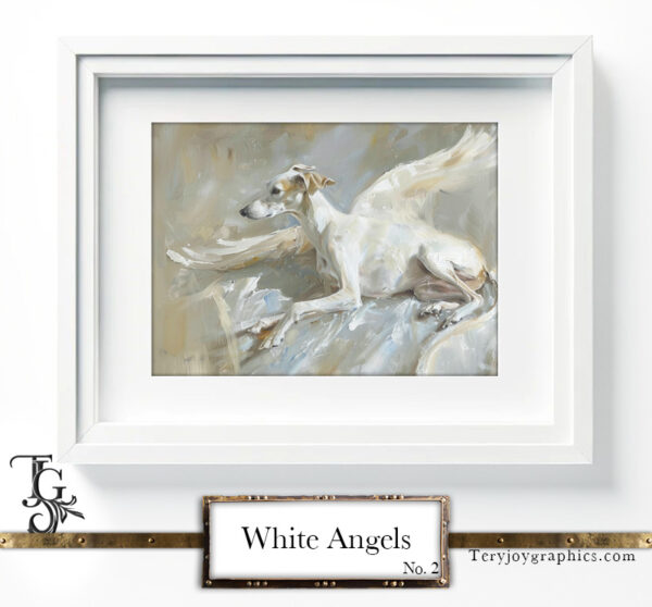 The irresistible image of a white greyhound angel, majestic gaze, and white wings, by Tery Joy Graphics.