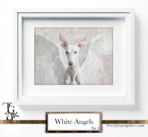 The irresistible image of a white greyhound angel, majestic gaze, and white wings, by Tery Joy Graphics.