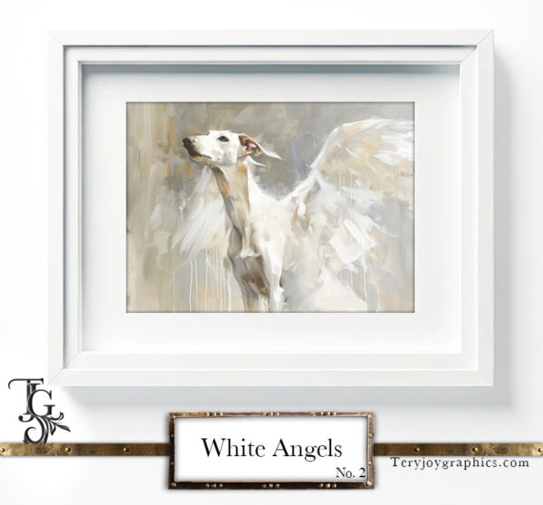 The irresistible image of a white greyhound angel, majestic gaze, and white wings, by Tery Joy Graphics.