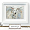 The irresistible image of a white greyhound angel, majestic gaze, and white wings, by Tery Joy Graphics.