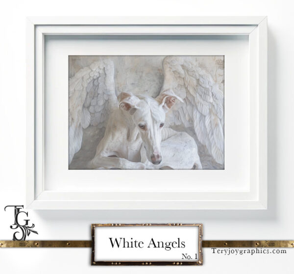 The irresistible image of a white greyhound angel, majestic gaze, and white wings, by Tery Joy Graphics.