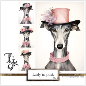 Elegant greyhound lady in grey-pink baroque attire with a hat, AI art by Tery Joy Graphics