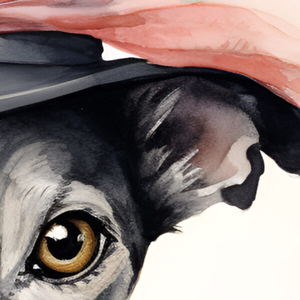 Elegant greyhound lady in grey-pink baroque attire with a hat, AI art by Tery Joy Graphics