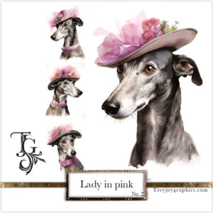 Elegant greyhound lady in grey-pink baroque attire with a hat, AI art by Tery Joy Graphics