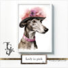 Elegant greyhound lady in grey-pink baroque attire with a hat, AI art by Tery Joy Graphics