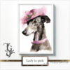Elegant greyhound lady in grey-pink baroque attire with a hat, AI art by Tery Joy Graphics
