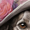 Elegant greyhound lady in grey-pink baroque attire with a hat, AI art by Tery Joy Graphics
