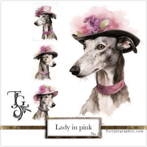 Elegant greyhound lady in grey-pink baroque attire with a hat, AI art by Tery Joy Graphics