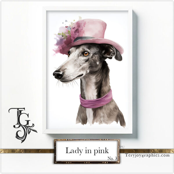 Elegant greyhound lady in grey-pink baroque attire with a hat, AI art by Tery Joy Graphics