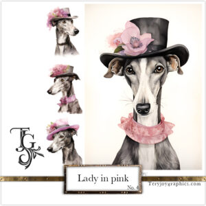 Elegant greyhound lady in grey-pink baroque attire with a hat, AI art by Tery Joy Graphics