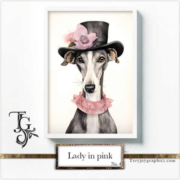 Elegant greyhound lady in grey-pink baroque attire with a hat, AI art by Tery Joy Graphics