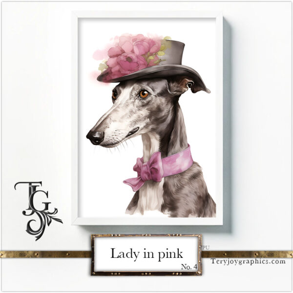 Elegant greyhound lady in grey-pink baroque attire with a hat, AI art by Tery Joy Graphics