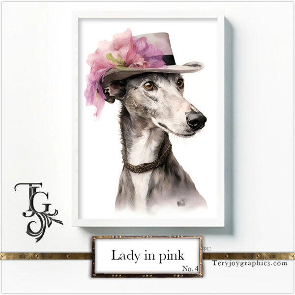 Elegant greyhound lady in grey-pink baroque attire with a hat, AI art by Tery Joy Graphics