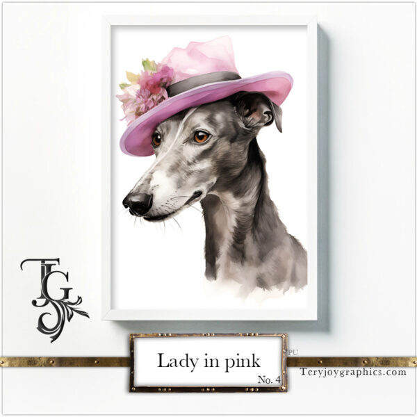 Elegant greyhound lady in grey-pink baroque attire with a hat, AI art by Tery Joy Graphics