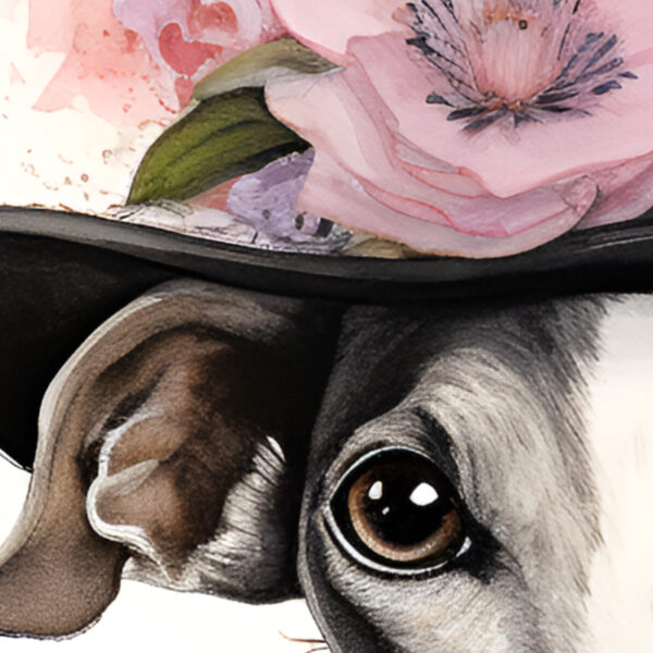Elegant greyhound lady in grey-pink baroque attire with a hat, AI art by Tery Joy Graphics