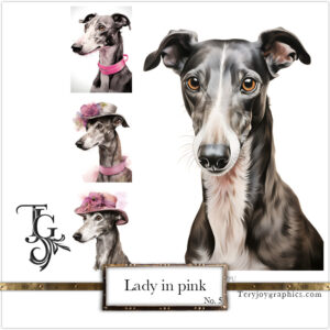 Elegant greyhound lady in grey-pink baroque attire with a hat, AI art by Tery Joy Graphics