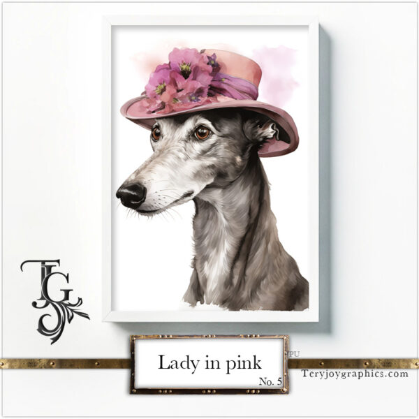 Elegant greyhound lady in grey-pink baroque attire with a hat, AI art by Tery Joy Graphics