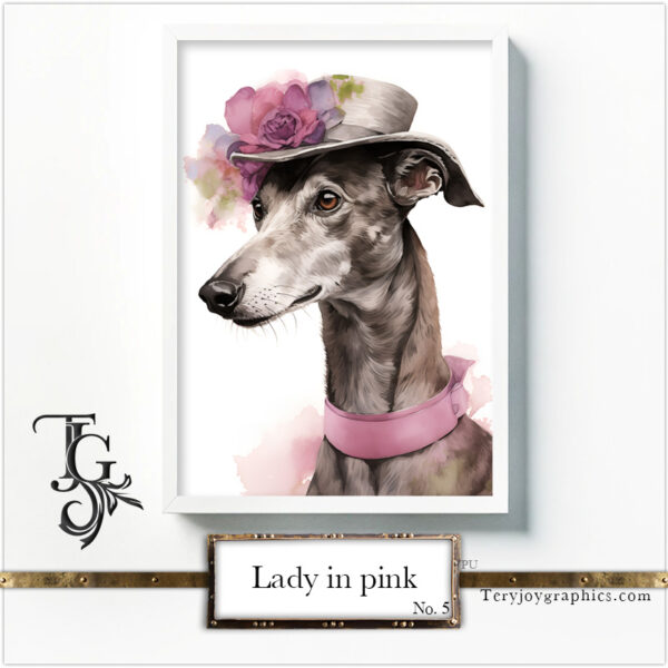 Elegant greyhound lady in grey-pink baroque attire with a hat, AI art by Tery Joy Graphics