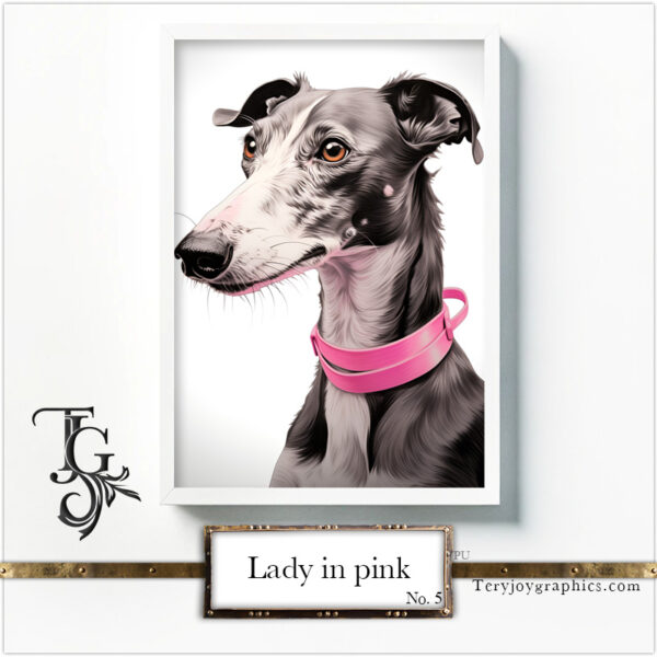 Elegant greyhound lady in grey-pink baroque attire with a hat, AI art by Tery Joy Graphics