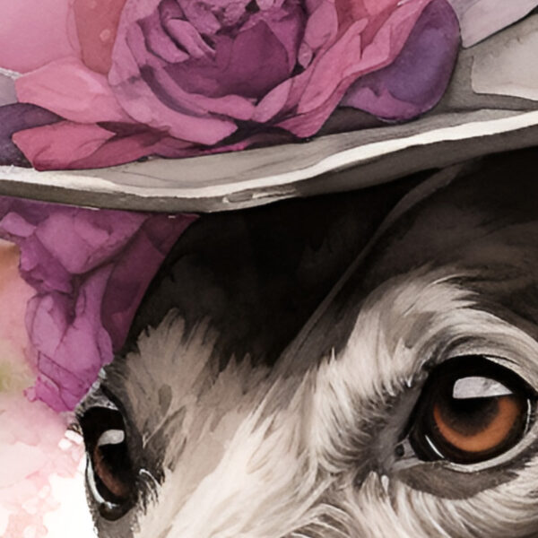 Elegant greyhound lady in grey-pink baroque attire with a hat, AI art by Tery Joy Graphics