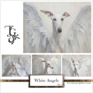 The irresistible image of a white greyhound angel, majestic gaze, and white wings, by Tery Joy Graphics.