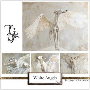 The irresistible image of a white greyhound angel, majestic gaze, and white wings, by Tery Joy Graphics.