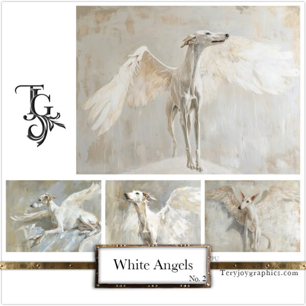 The irresistible image of a white greyhound angel, majestic gaze, and white wings, by Tery Joy Graphics.