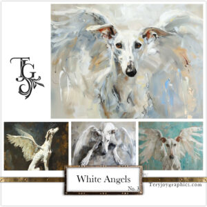 The irresistible image of a white greyhound angel, majestic gaze, and white wings, by Tery Joy Graphics.