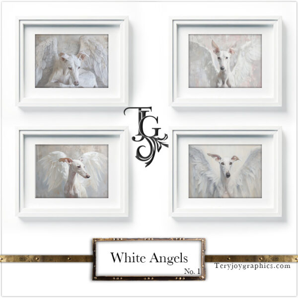 The irresistible image of a white greyhound angel, majestic gaze, and white wings, by Tery Joy Graphics.