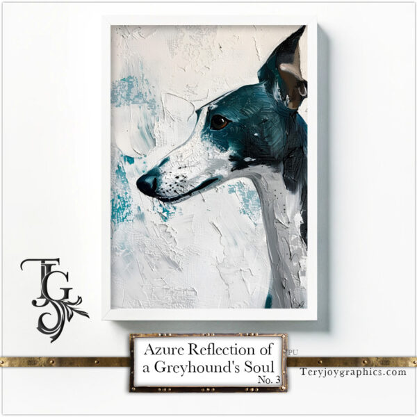 Greyhound portrait with azure highlights in a monochromatic scheme, from the 'Azure Reflection of a Greyhound's Soul' digital art series.