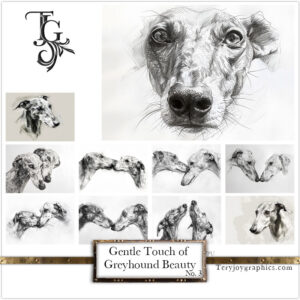 The subtle beauty of a greyhound's portrait, captured in pencil by Tery Joy Graphics.