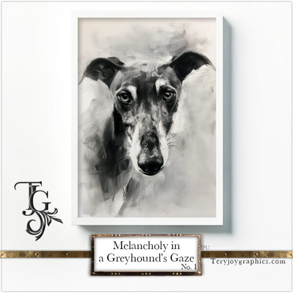 Watercolor greyhound, "Melancholy in a Greyhounds Gaze" series, AI-generated digital art, Tery Joy Graphics.