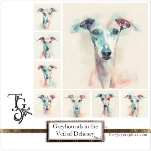 View of pastel-painted greyhound portraits from the "Greyhounds in the Veil of Delicacy No.1" collection by TJG