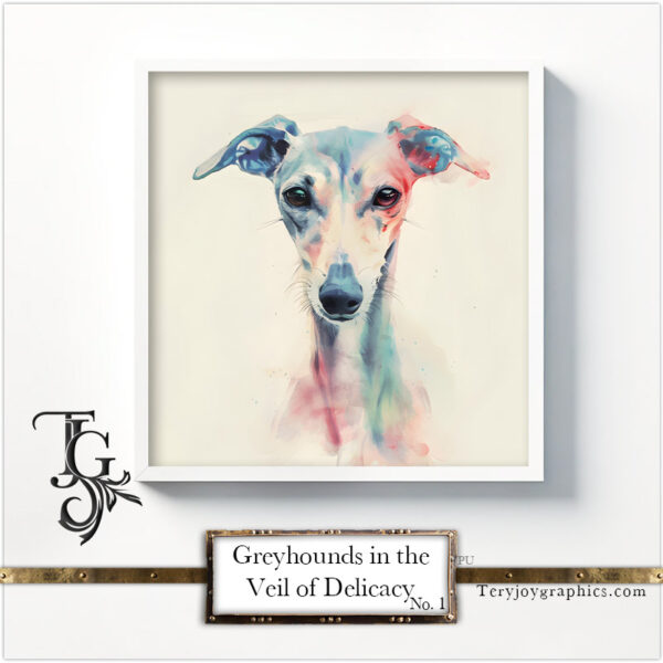 View of pastel-painted greyhound portraits from the "Greyhounds in the Veil of Delicacy No.1" collection by TJG