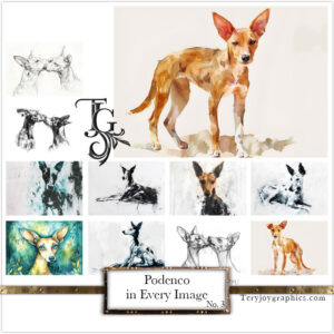 Podenco images in a variety of artistic techniques, from the 'Podenco in Every Image No. 3' digital art series.