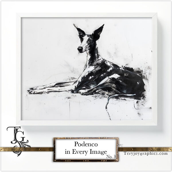 Podenco images in a variety of artistic techniques, from the 'Podenco in Every Image No. 3' digital art series.