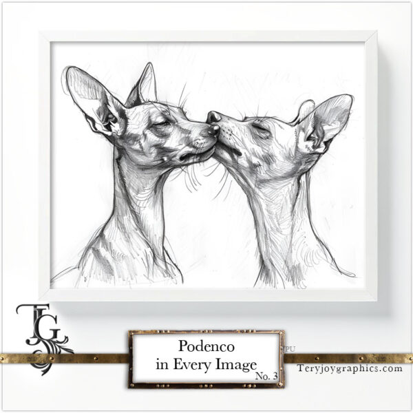 Podenco images in a variety of artistic techniques, from the 'Podenco in Every Image No. 3' digital art series.