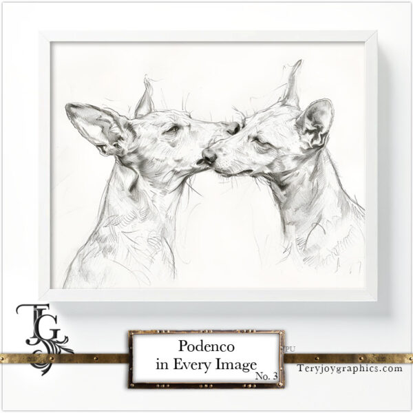 Podenco images in a variety of artistic techniques, from the 'Podenco in Every Image No. 3' digital art series.